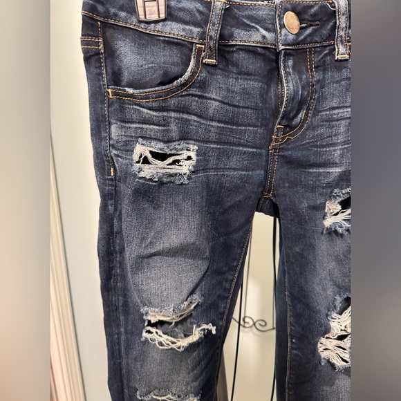 American Eagle Super Low Jeggings Blue Jeans Denim Women Size 4  Distressed - Picture 2 of 14